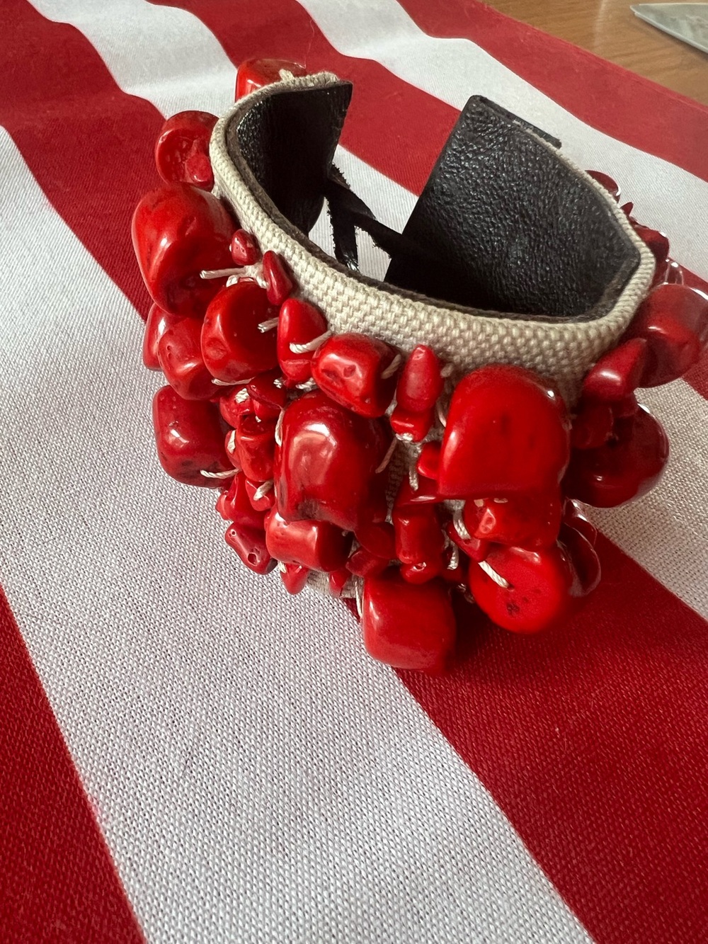 Lucky Brand red coral and leather cuff bracelet